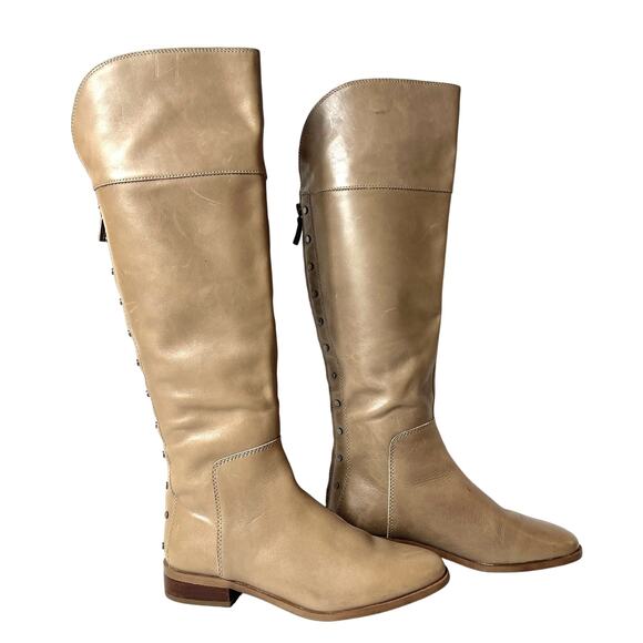 Franco Sarto Knee High Womens 7M Riding Boot Beige Leather Casual Zip Up Studded - Picture 2 of 9